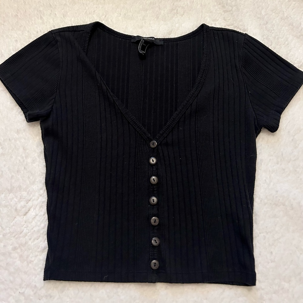 forever 21 black button down crop top